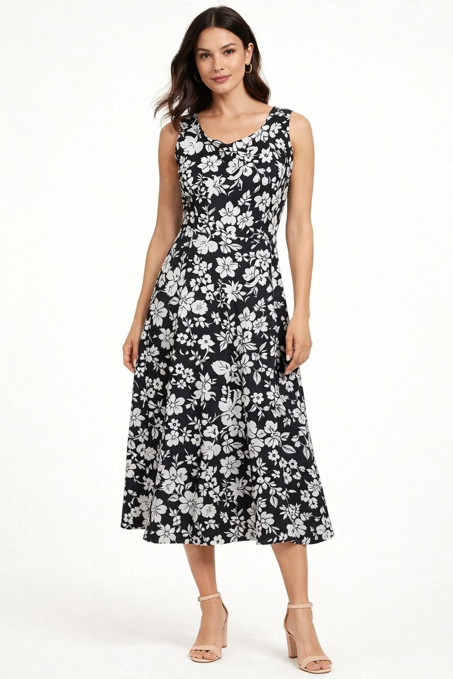 Vintage Victoria Holley 100% Cotton Black White Floral Midi Dress Size 14